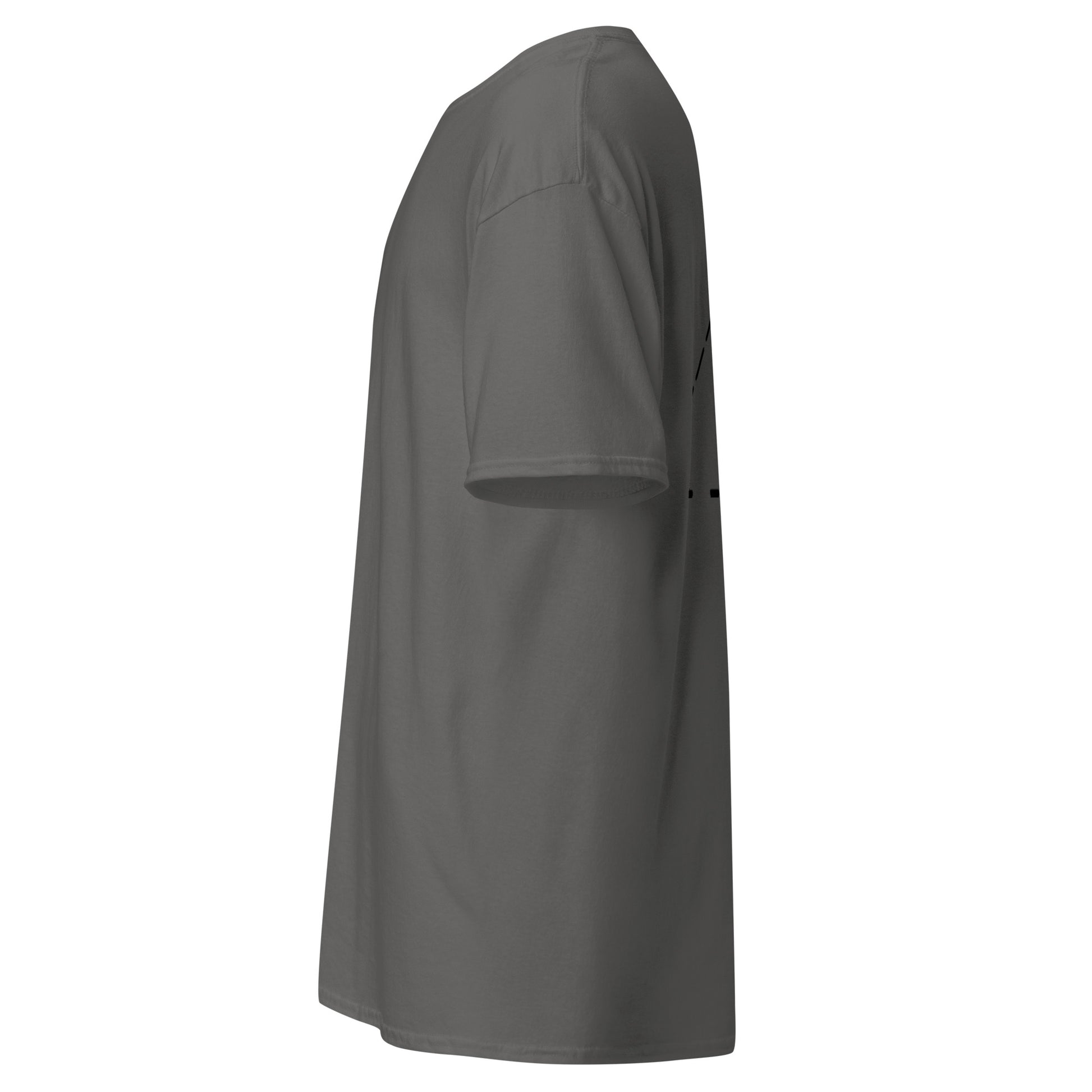 Side view of the grey t-shirt showing the relaxed fit and smooth fabric drape. No side graphics are present.