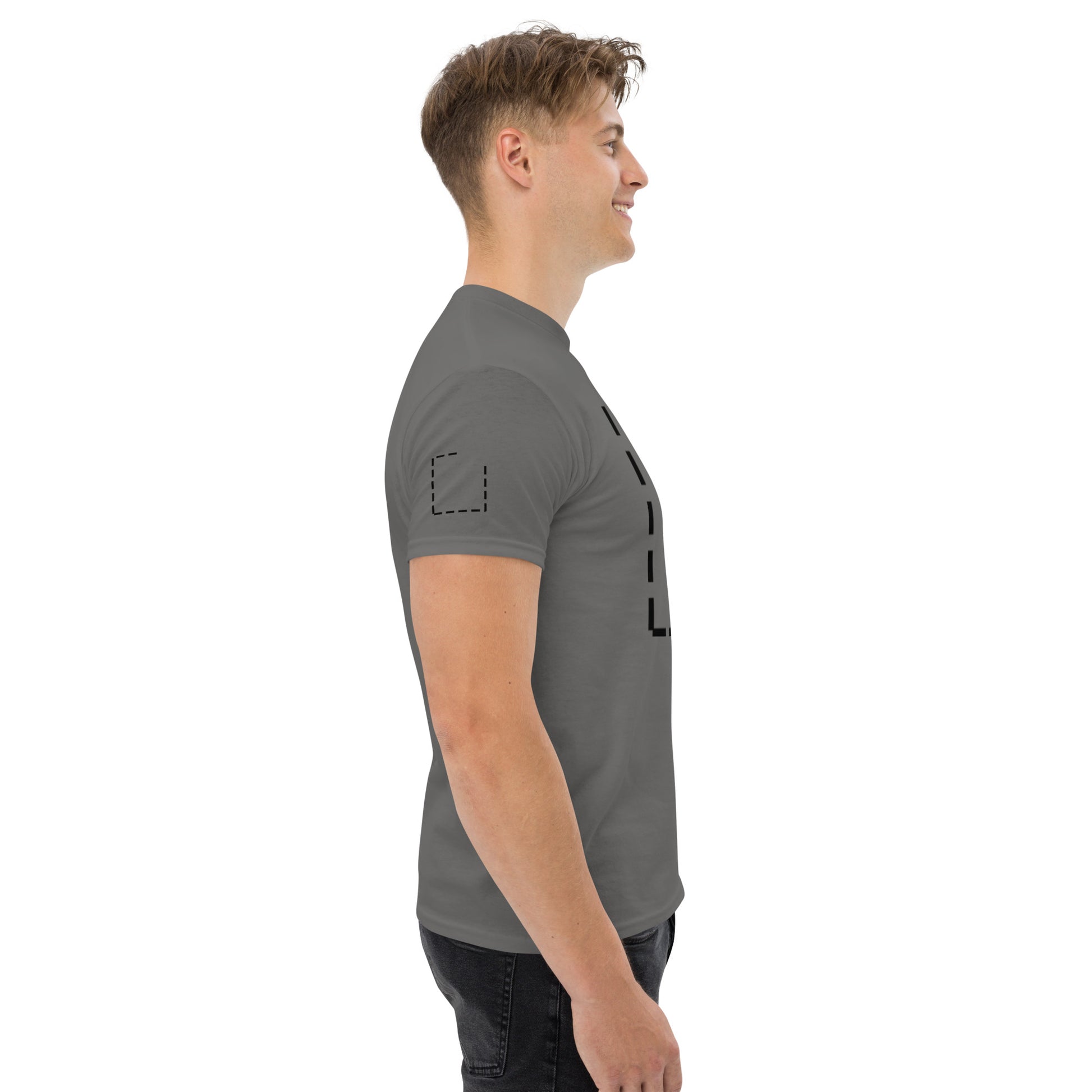 Side view of the grey t-shirt showing the clean silhouette and fabric drape. No side graphics are present, maintaining a minimal and uncluttered appearance.