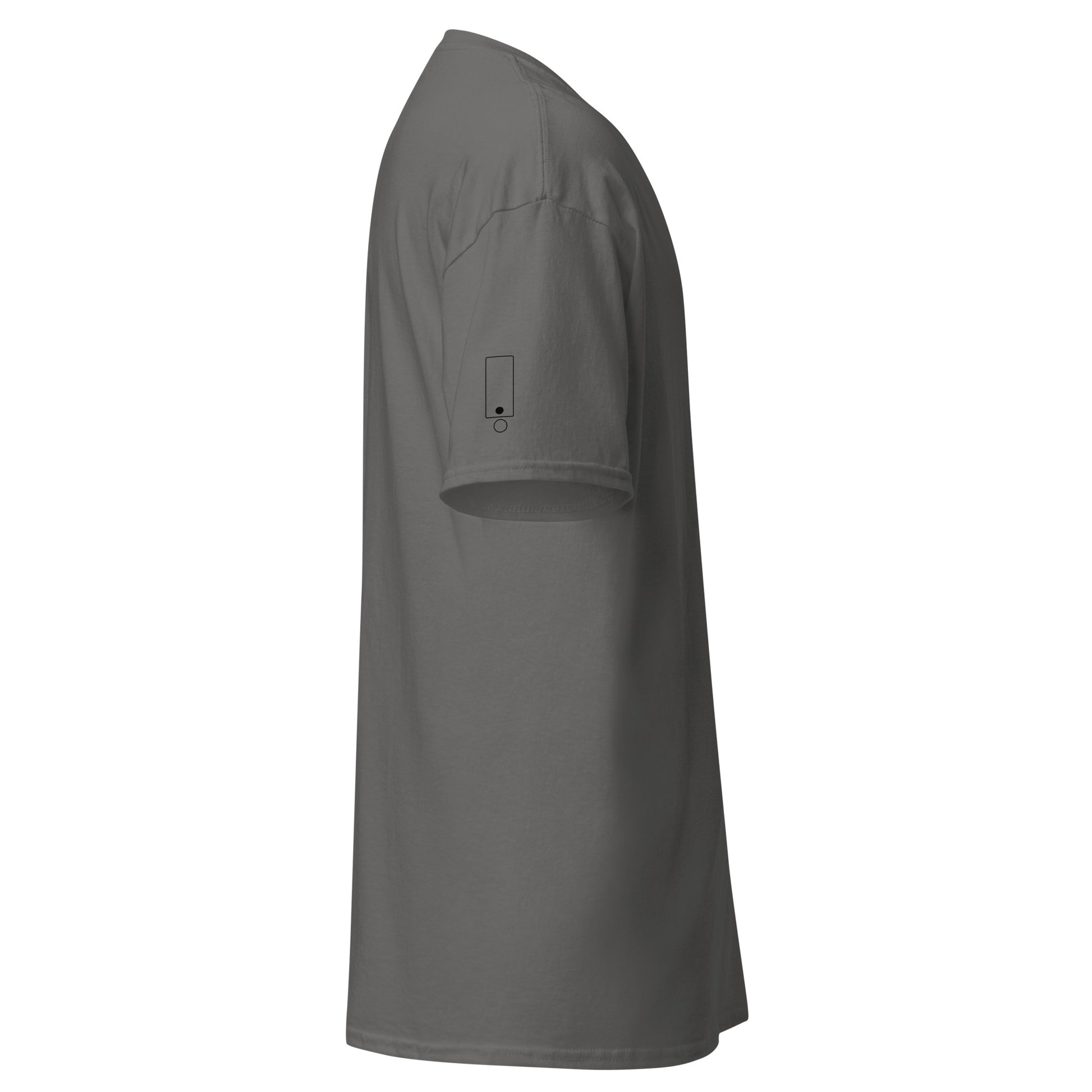 Side view of the grey t-shirt showing the relaxed fit and smooth fabric drape. No graphics are present on the side, maintaining a minimal silhouette.