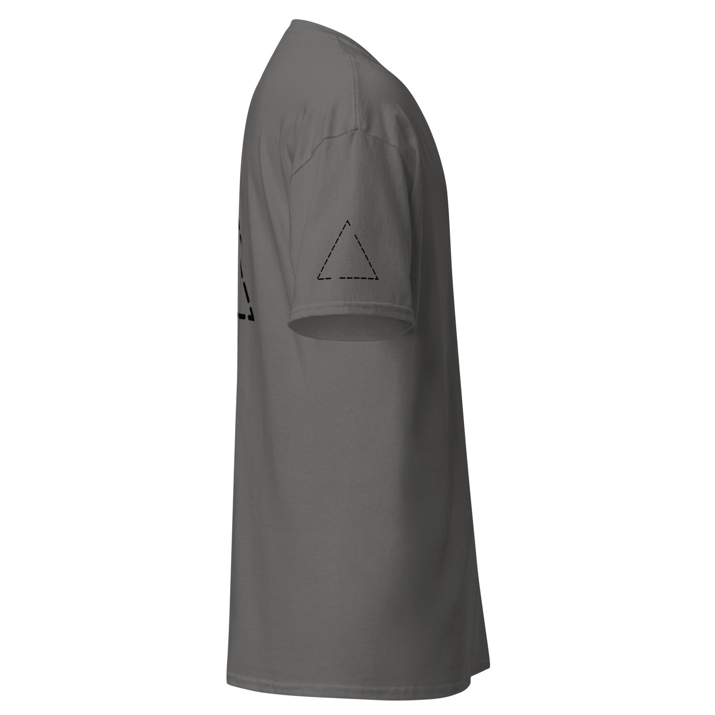 Three-quarter back view of the t-shirt, with the dashed triangle partially visible. The placement aligns naturally with the shoulders and upper back.