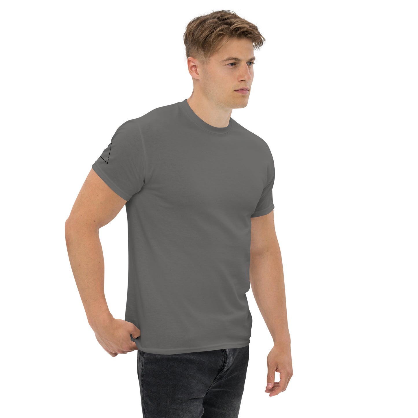Front view of the grey t-shirt worn by a model. The front surface is completely clean, keeping attention on the back graphic.