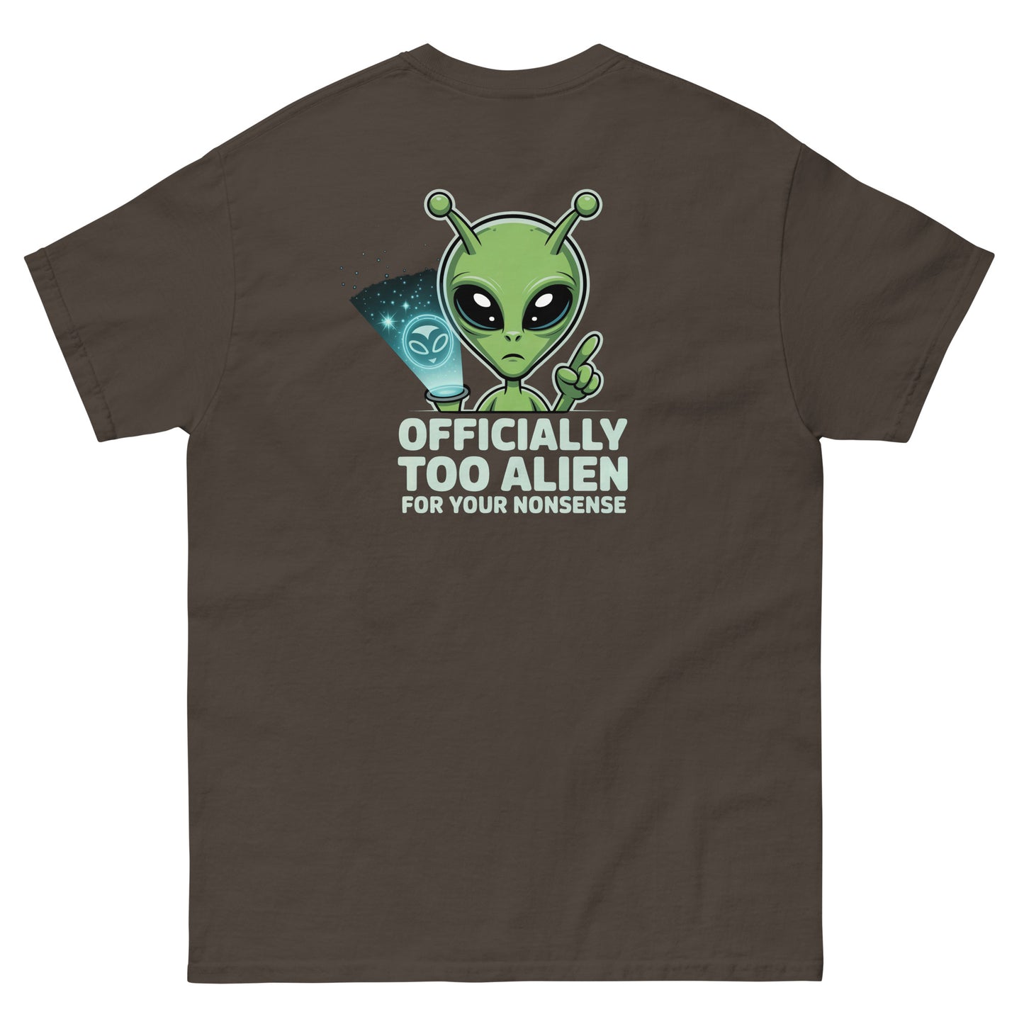 Male model wearing brown T-shirt — front left chest small alien head graphic