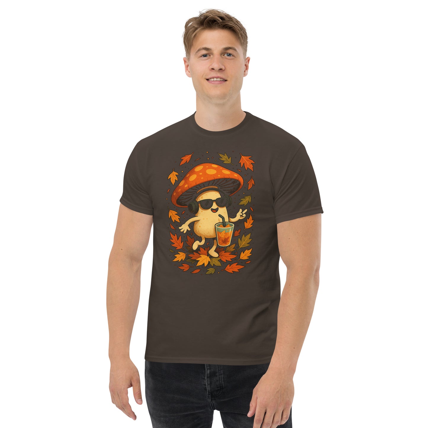 Dark brown T-shirt on male model (studio light) – front print with funky mushroom and falling leaves.