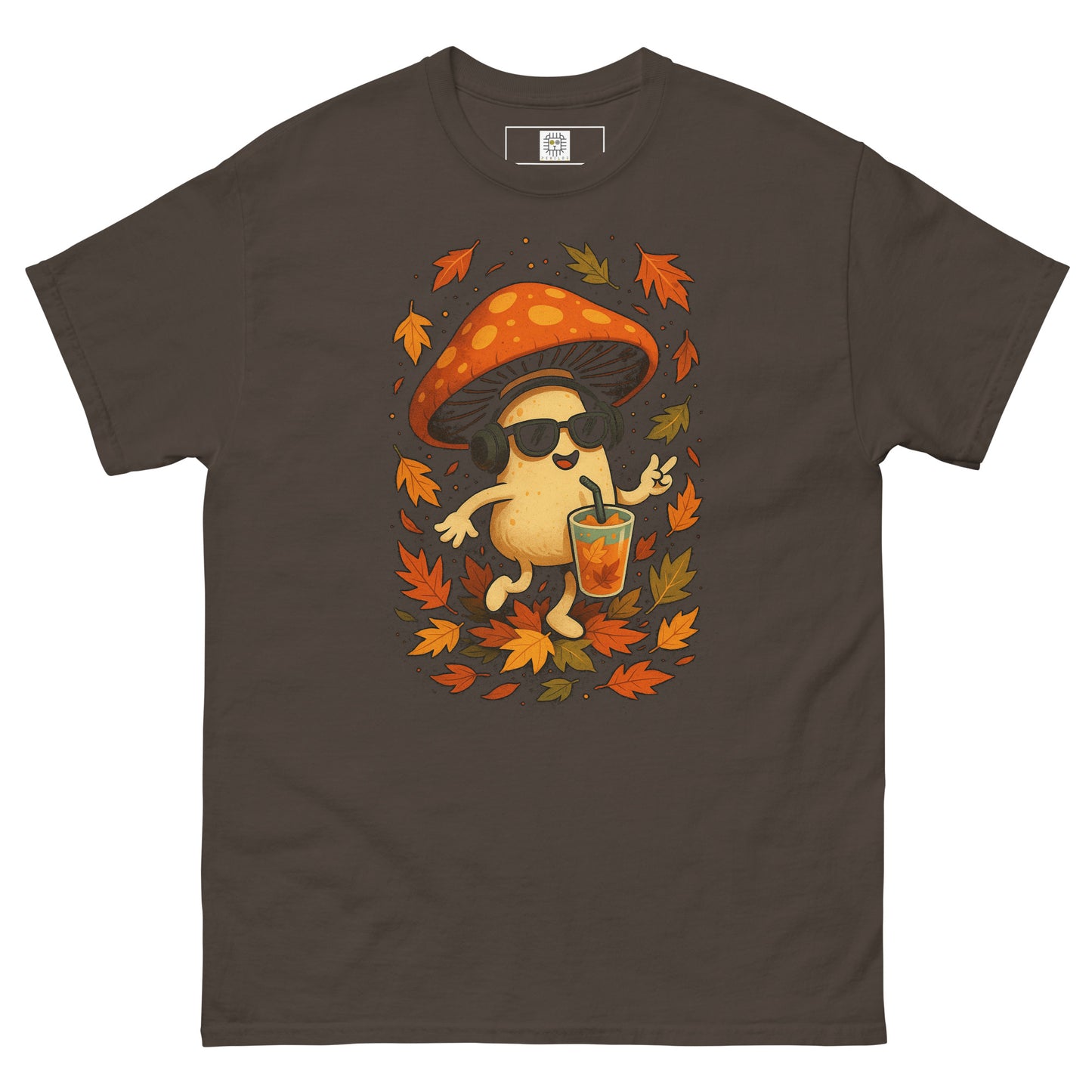 Dark brown T-shirt (flat lay) – central mushroom character print with autumn smoothie and falling leaves.