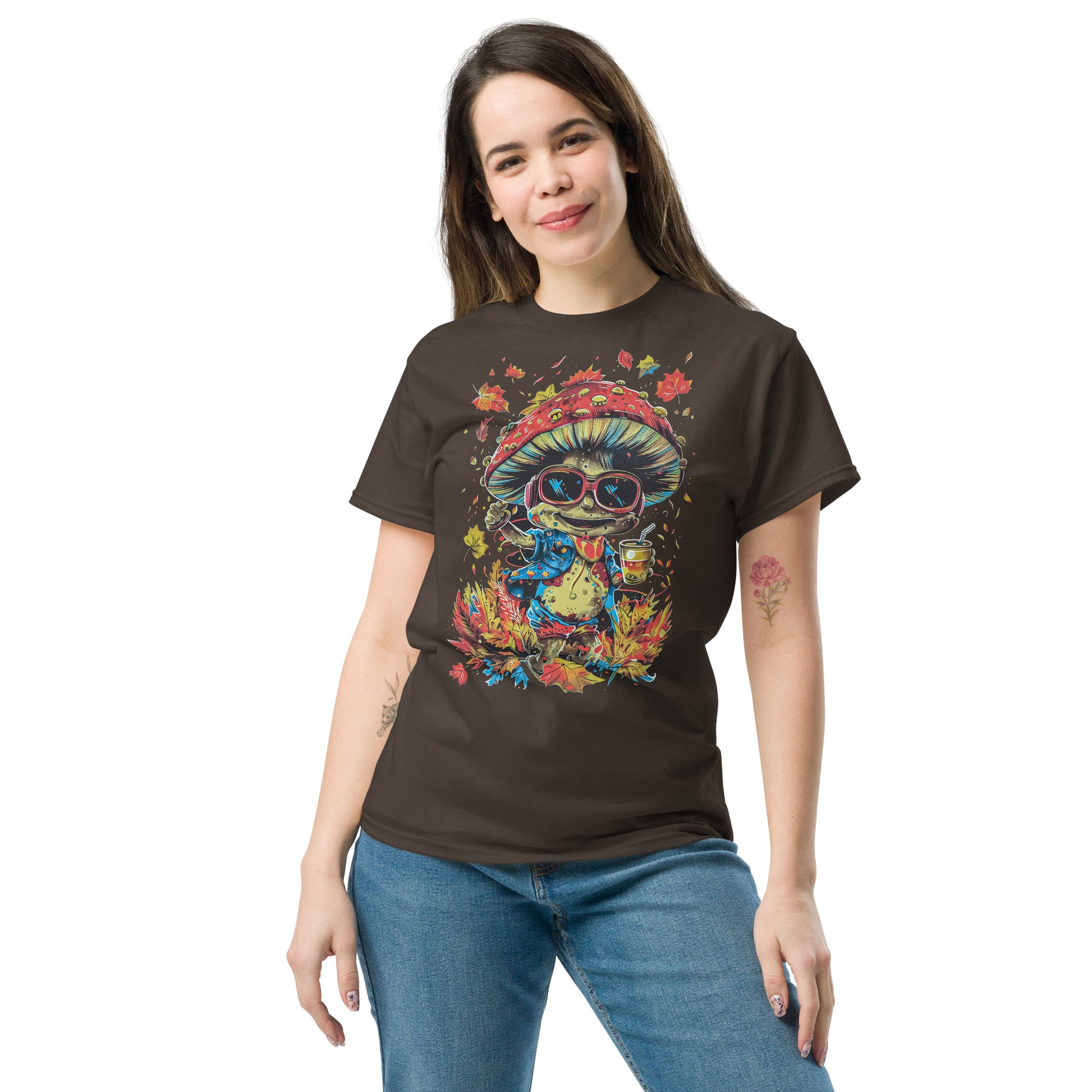 A female model in a black T-shirt with the mushroom character, smiling casually.