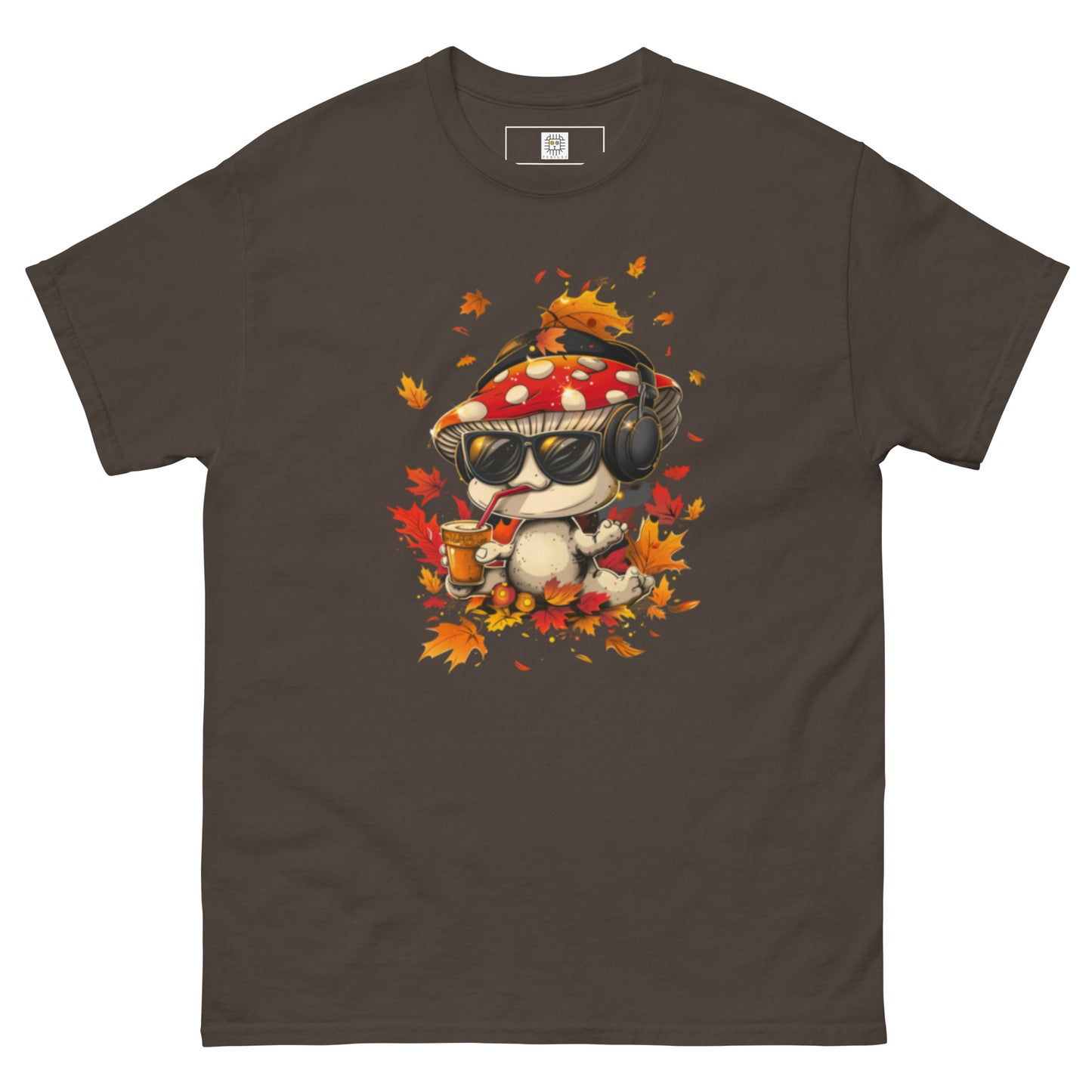 Dark brown t-shirt with mushroom design and seasonal fall vibe.