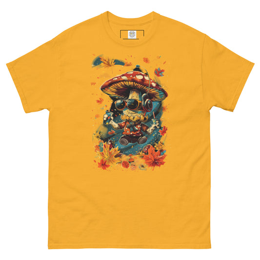 Yellow T-shirt mockup – Unisex autumn graphic tee in mustard yellow with a funny mushroom DJ design from the MushLOL Collection.