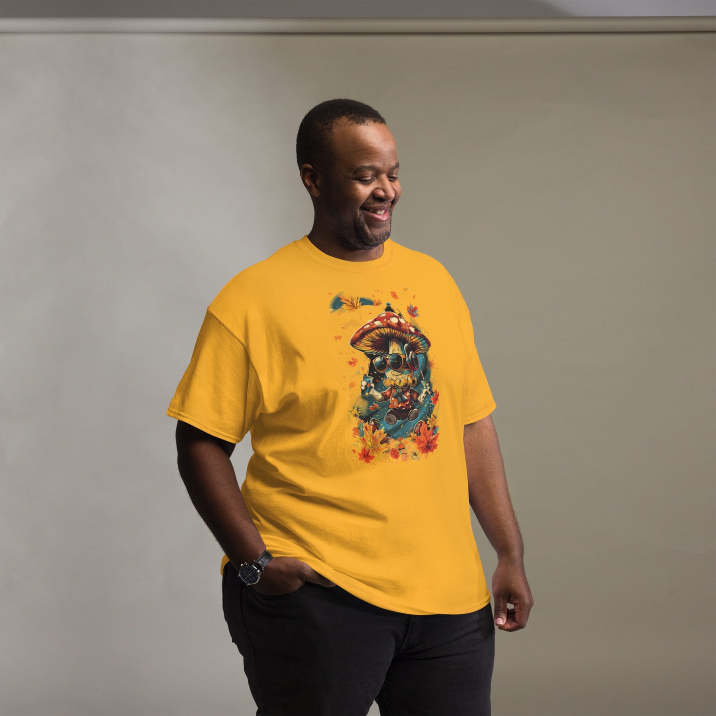 Model in yellow T-shirt – Male model styled in mustard yellow DJ mushroom graphic tee, MushLOL Collection.
