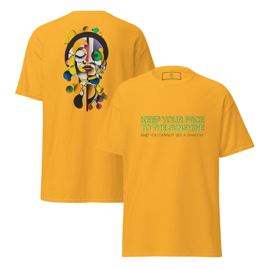 Yellow unisex T-shirt — back print: colorful illustrated face, front text: LOSING MY MIND LOVE CHAOS