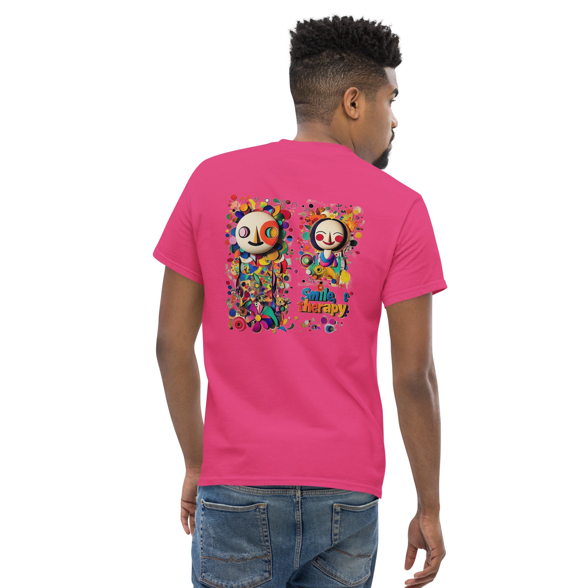 Pink unisex T-shirt – Colorful abstract art design, back view.
