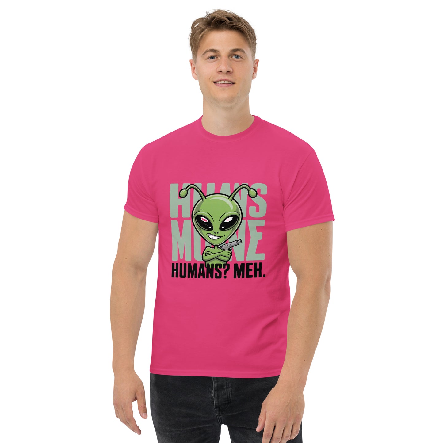 Male model wearing pink T-shirt — front print: green alien face above text HOW’S MY MOOD? HUMANS? MEH.
