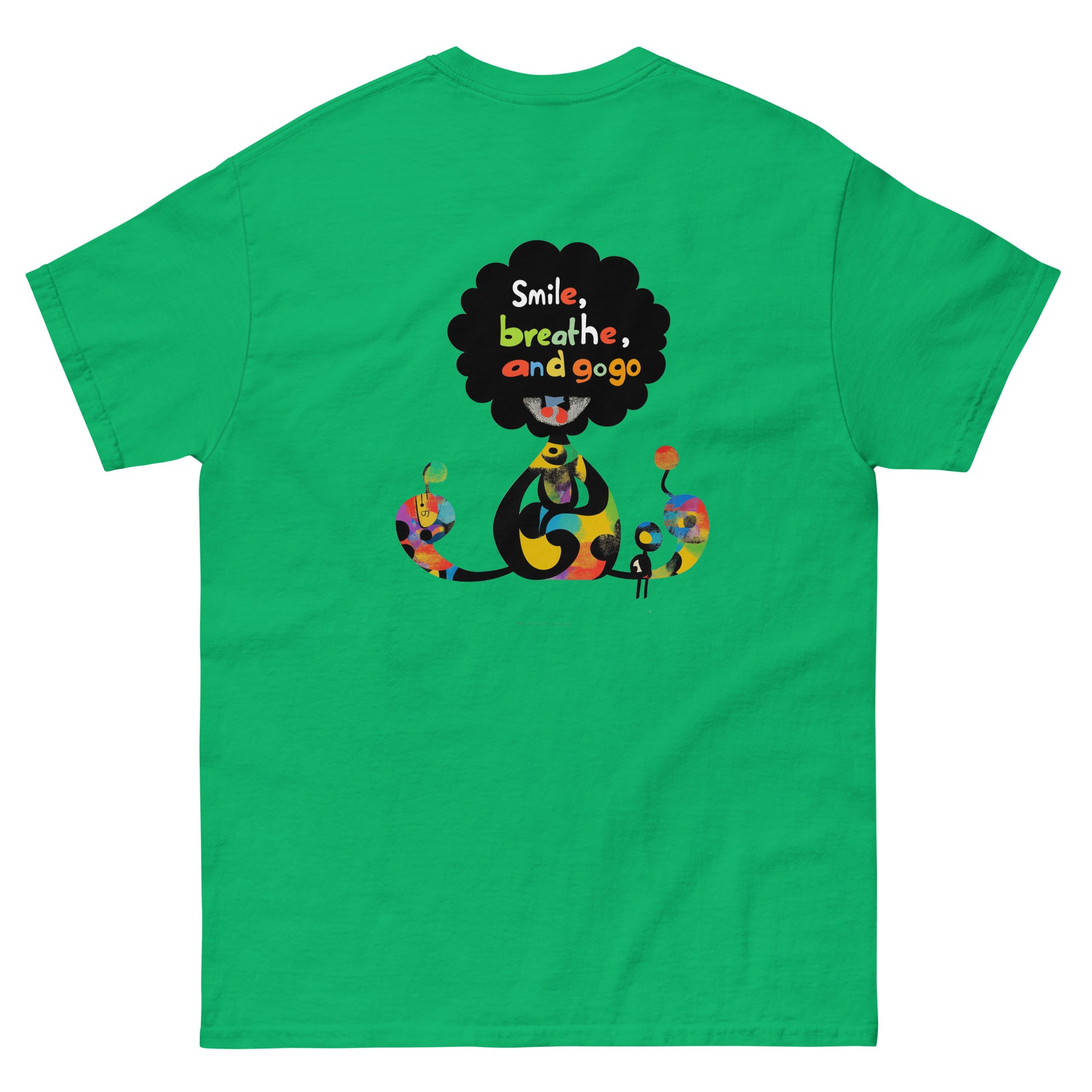 Green unisex T-shirt with colorful sugar skull front print and “Be Happy” text