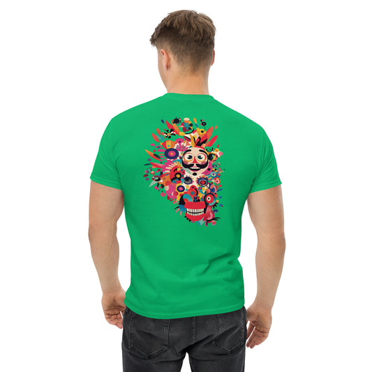 Green unisex T-shirt with a large multicolor abstract face design on the back. Eye-catching artistic print