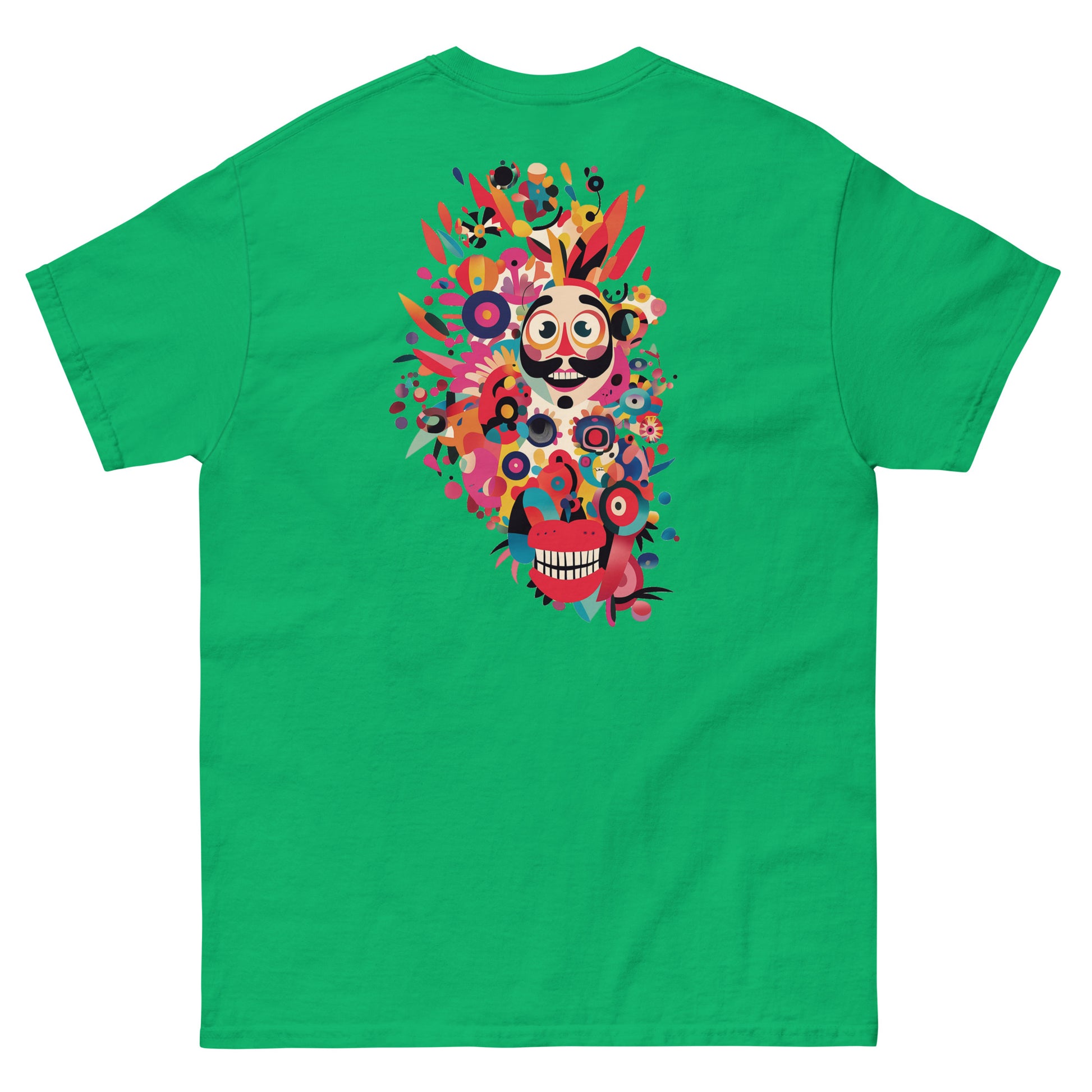 Green unisex T-shirt with a large multicolor abstract face design on the back. Eye-catching artistic print
