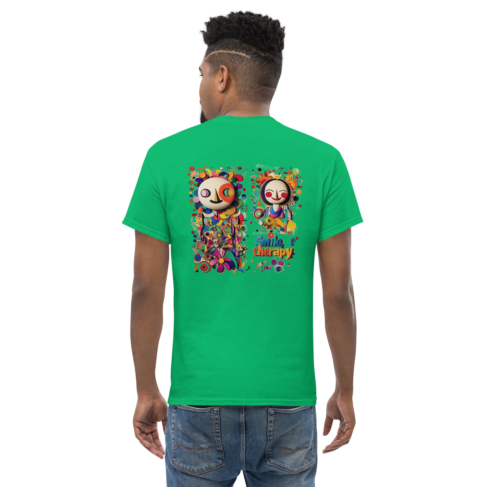 Green unisex T-shirt – Colorful abstract art design, back view.