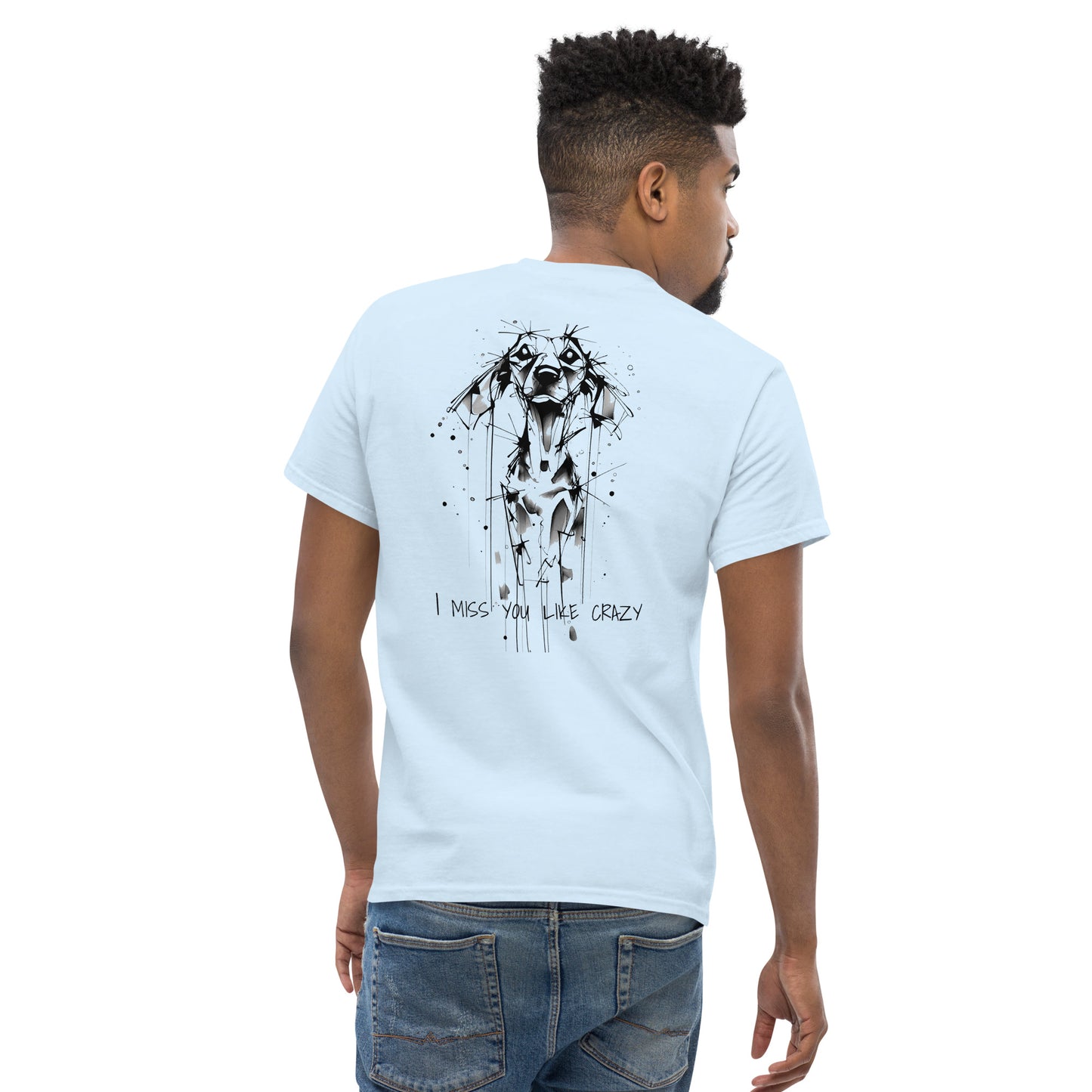 Light blue unisex T-shirt – black ink Beagle dog illustration, back view on male model.