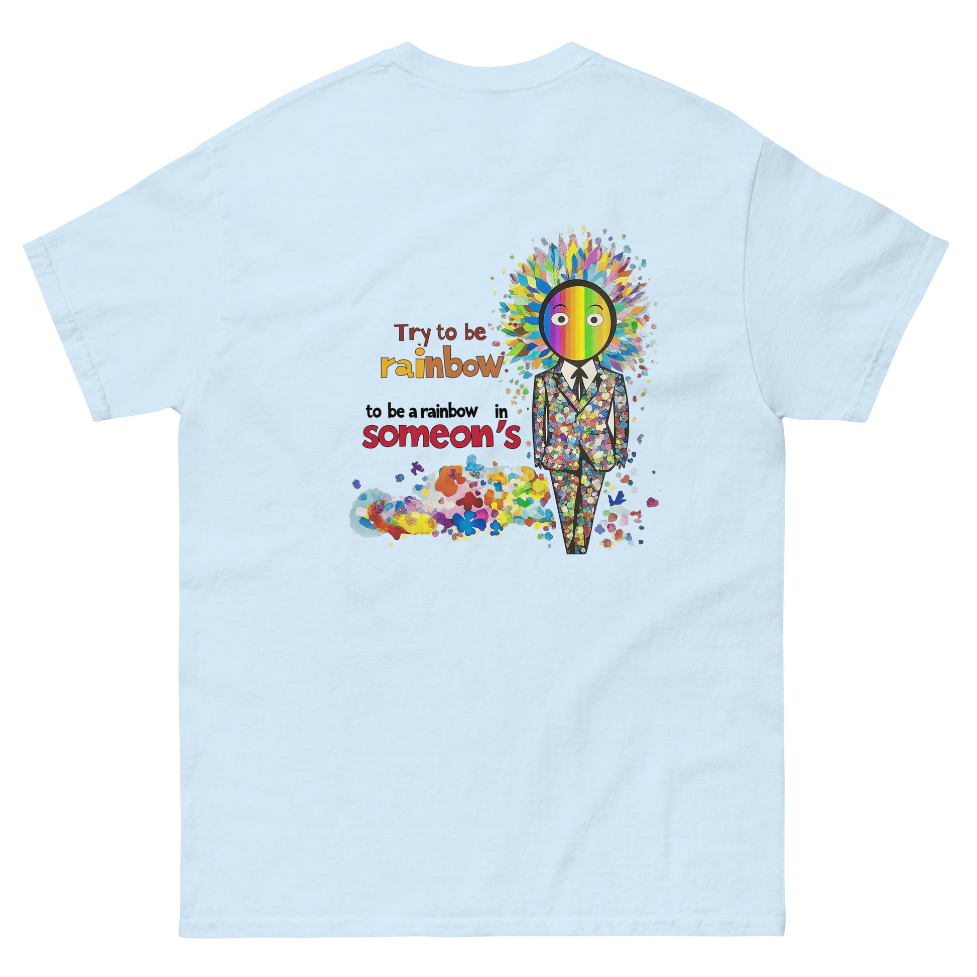 Light blue unisex T-shirt — back print: colorful floral skull with text, front left chest small skull graphic