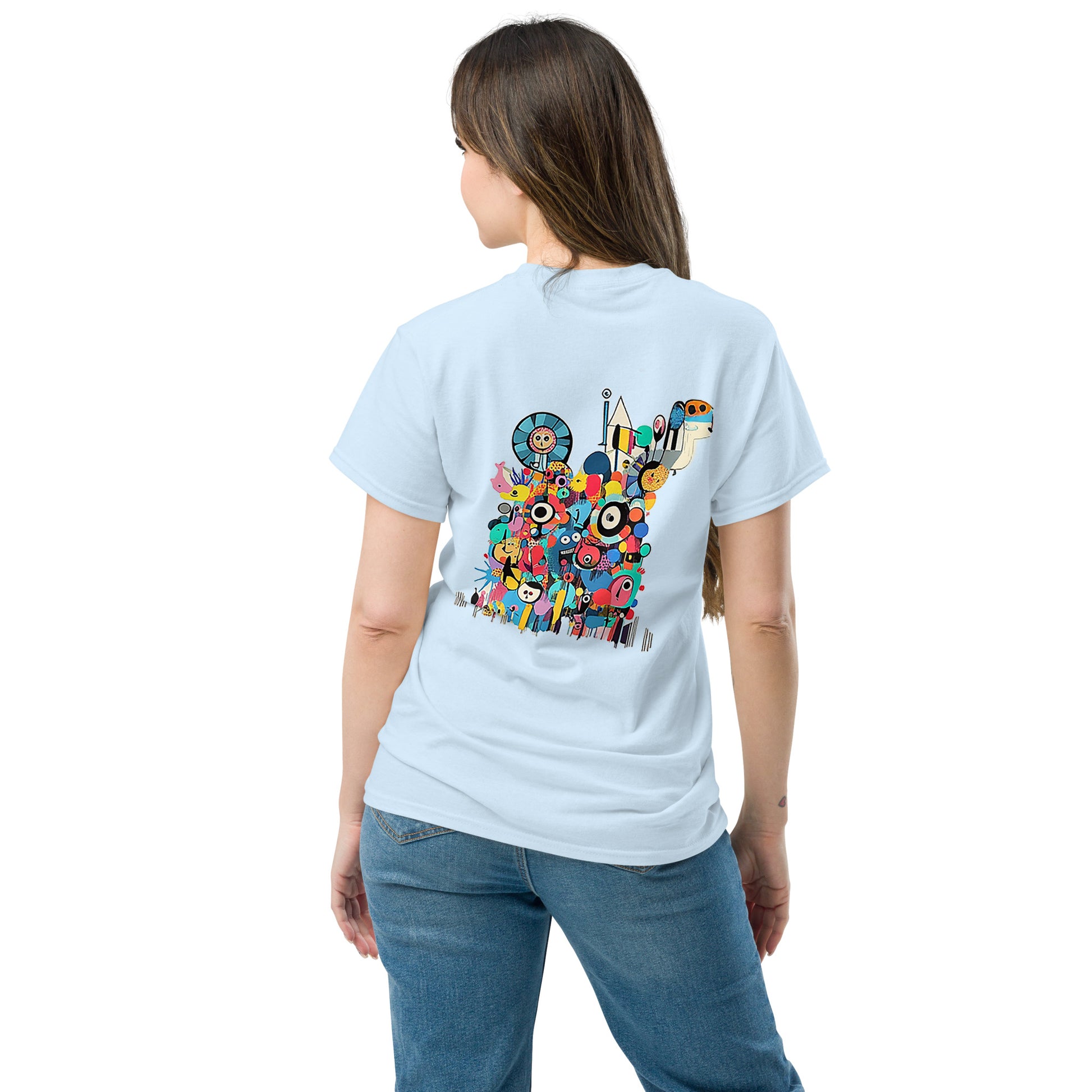 Light blue unisex T-shirt – I Feel Normal rainbow text, front view on female model.