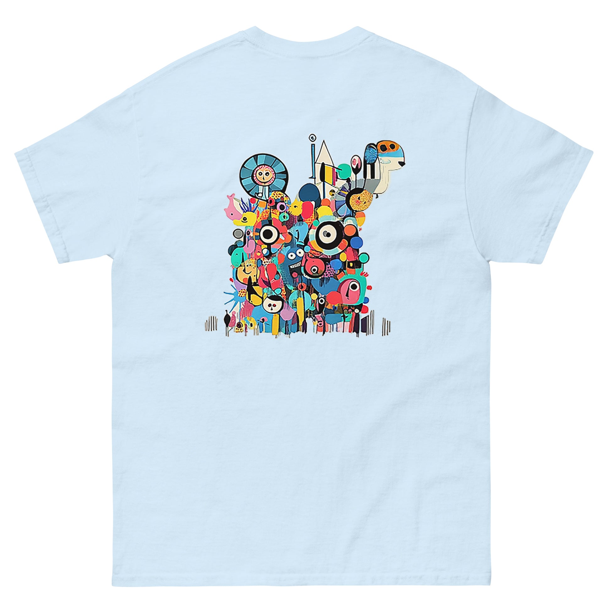 Light blue unisex T-shirt – colorful abstract illustration, back view.
