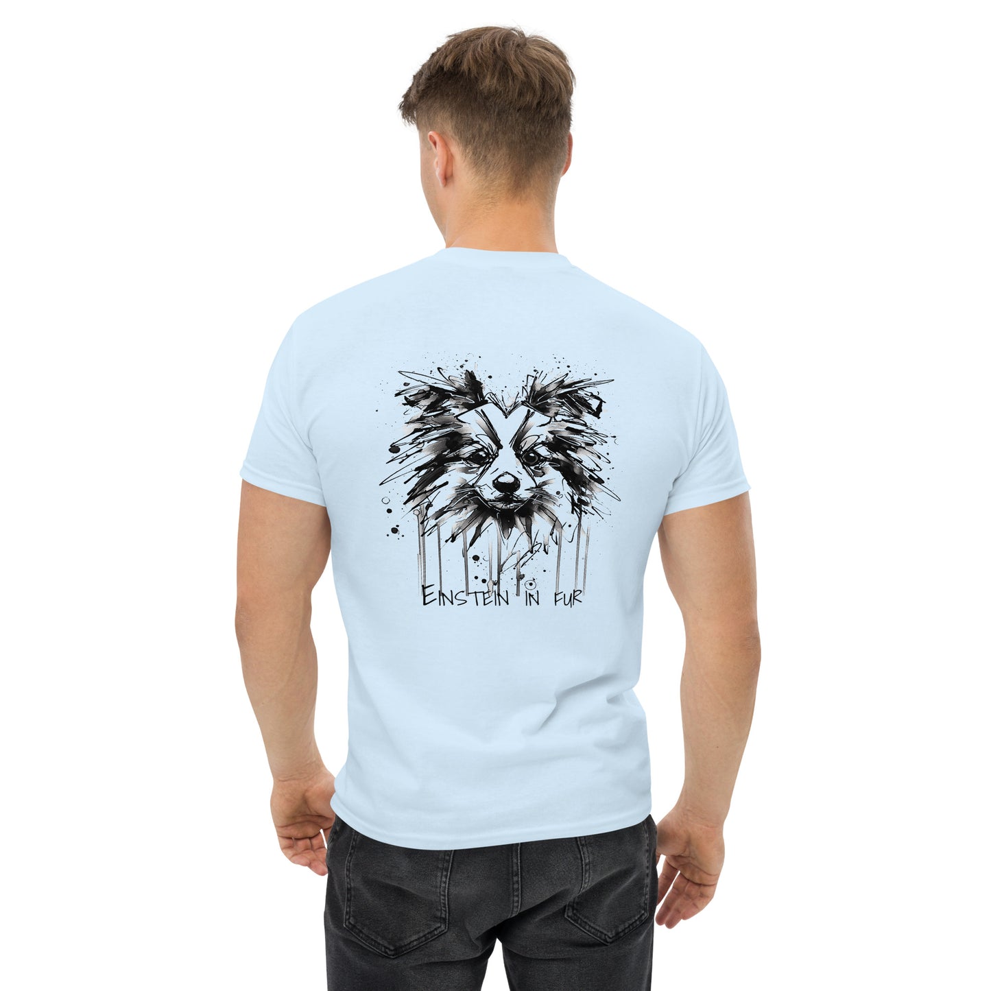 Light blue unisex T-shirt – black ink Border Collie dog illustration, back view.
