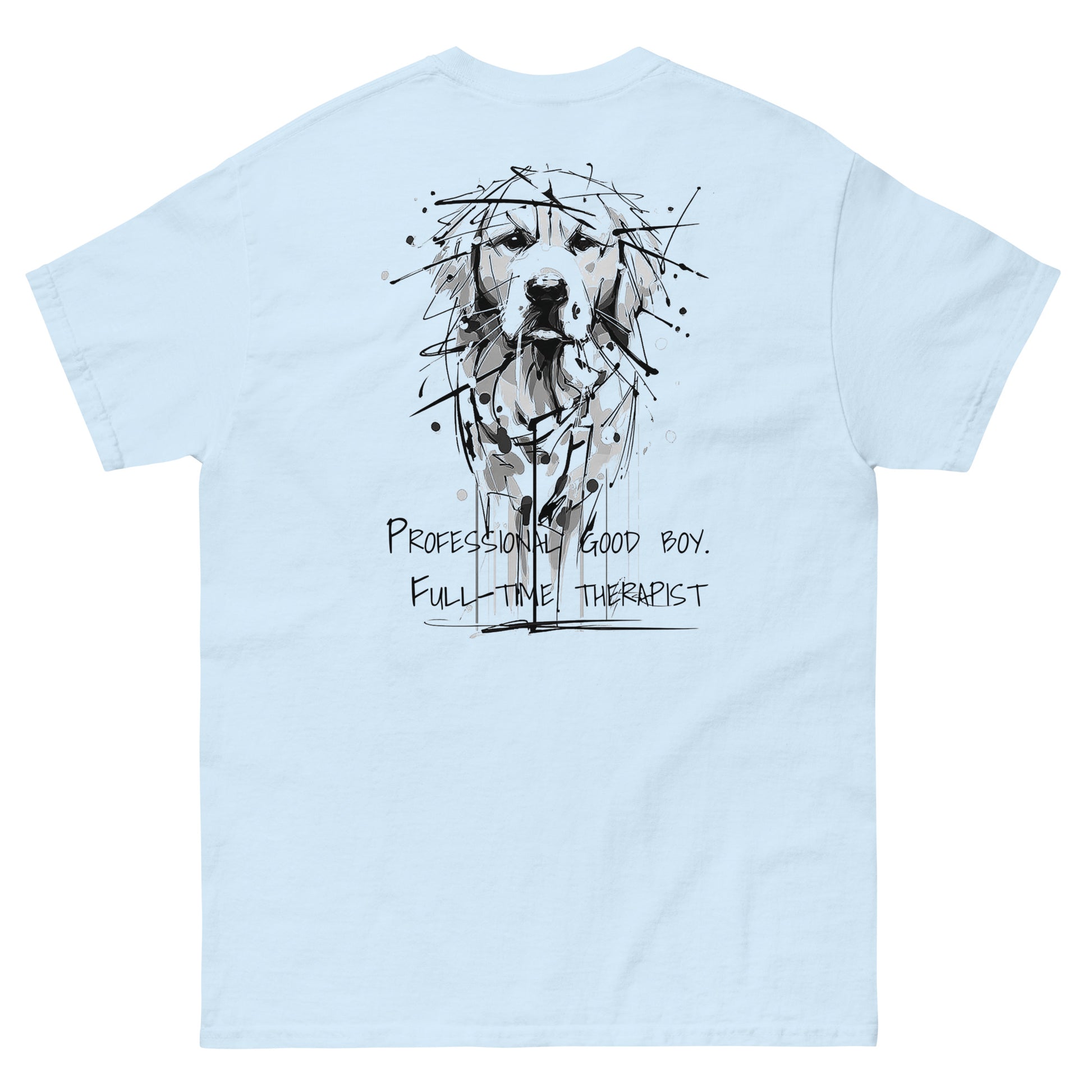 Light blue unisex T-shirt – black ink Golden Retriever dog illustration back view.
