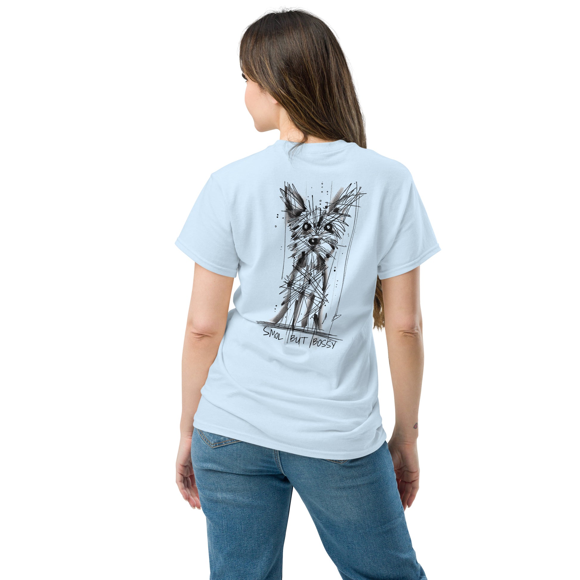 Light blue unisex T-shirt – black ink Yorkshire Terrier dog illustration, back view on female model.
