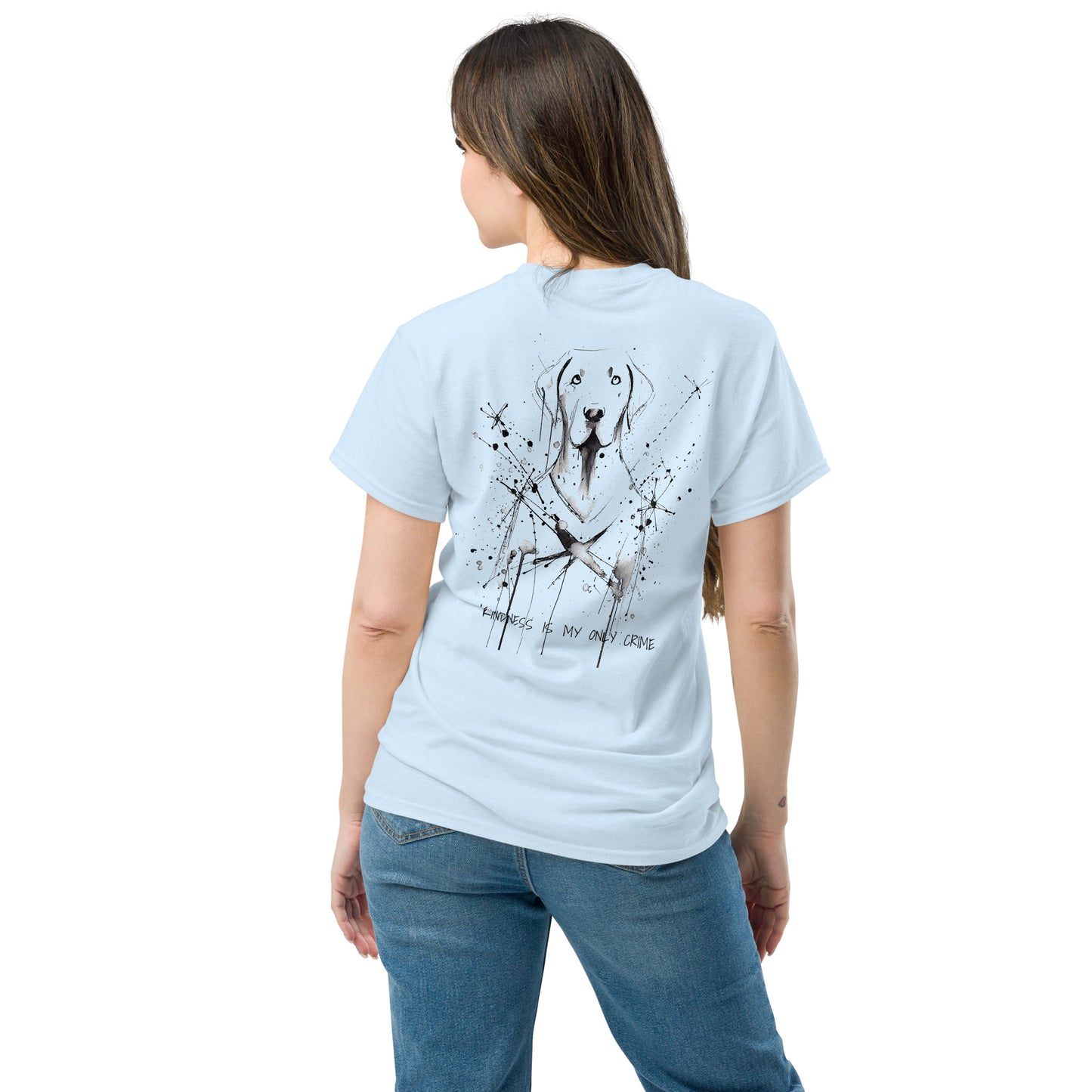 Light blue unisex T-shirt – abstract black line art dog, back view on female model.