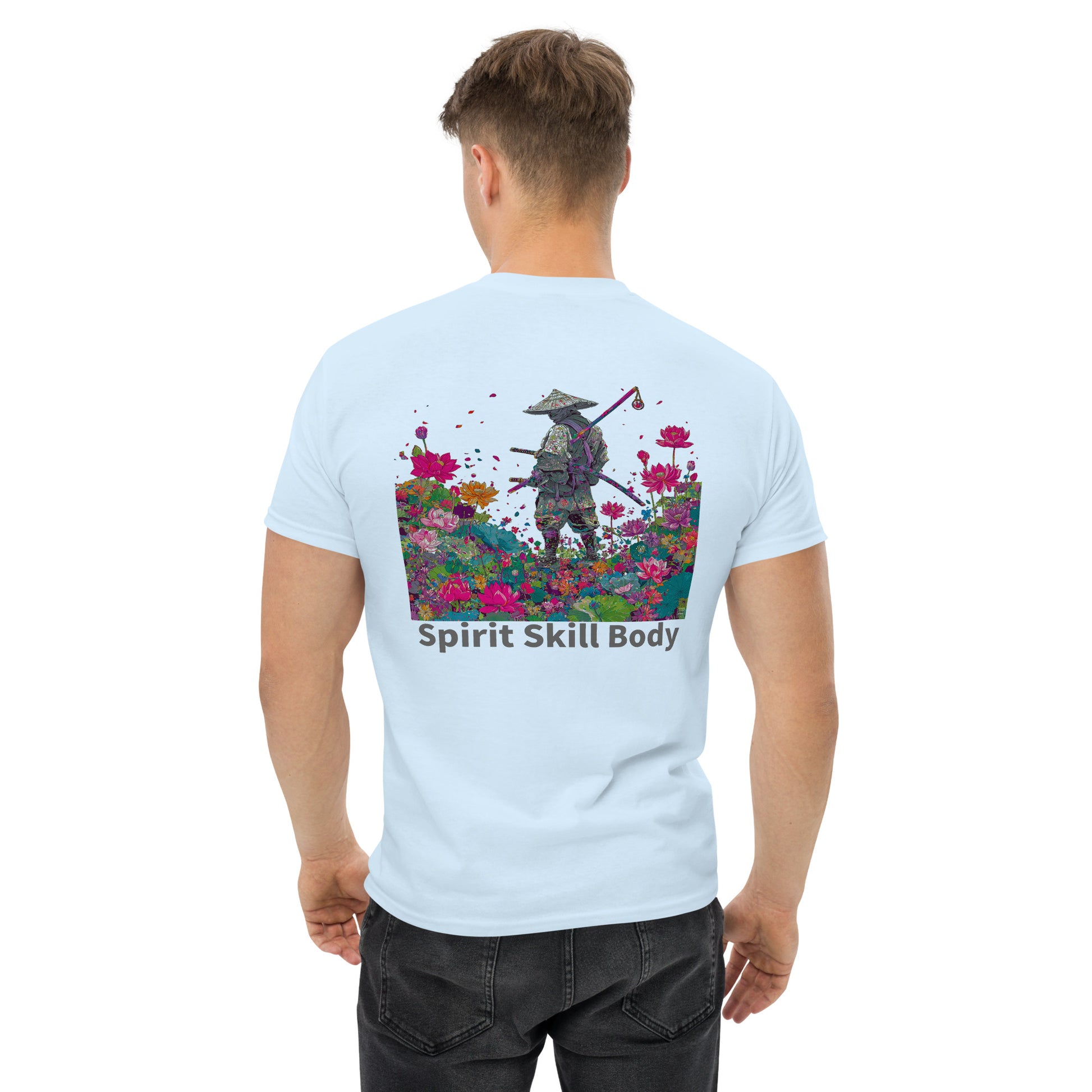 Light blue unisex T-shirt – Spirit Still Burns samurai design, back view.