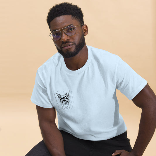 Male model wearing light blue T-shirt with Yorkshire Terrier "Scared" design, front view.
