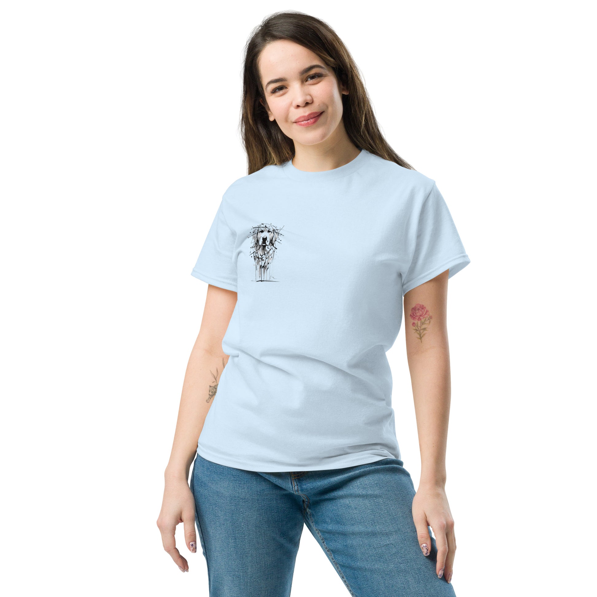 Light blue unisex T-shirt – black ink Golden Retriever dog illustration, front view on female model.