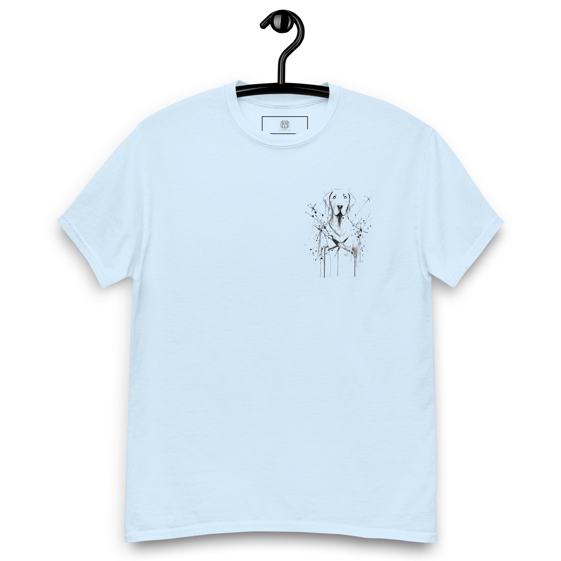 Light blue unisex T-shirt – abstract black line art  dog, front view on hanger.