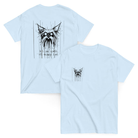 Light blue T-shirt, front and back view, hand-drawn Yorkshire Terrier illustration with text "Scared", Unleashed Lines series by Pekilot.
