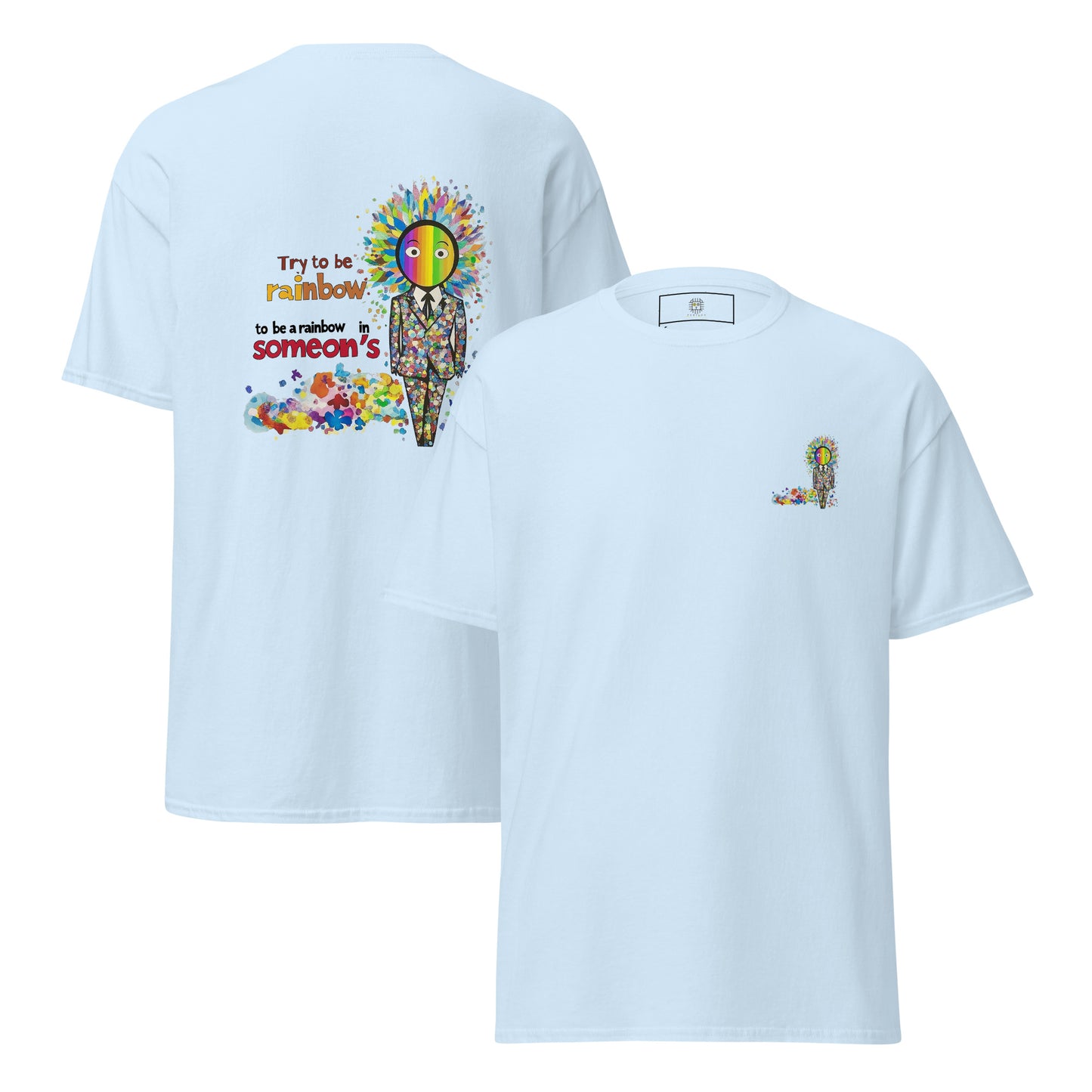 Light blue unisex T-shirt — back print: colorful floral skull with visible text (partially unreadable), front left chest small skull graphic