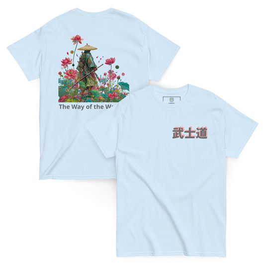 Light blue unisex T-shirt – The Way of the Warrior samurai design, front and back view.