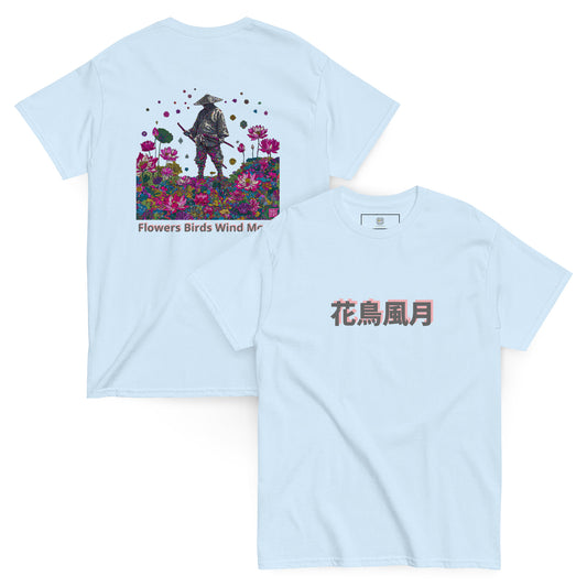 Light blue unisex T-shirt – Flowers and moon samurai design, front and back view.
