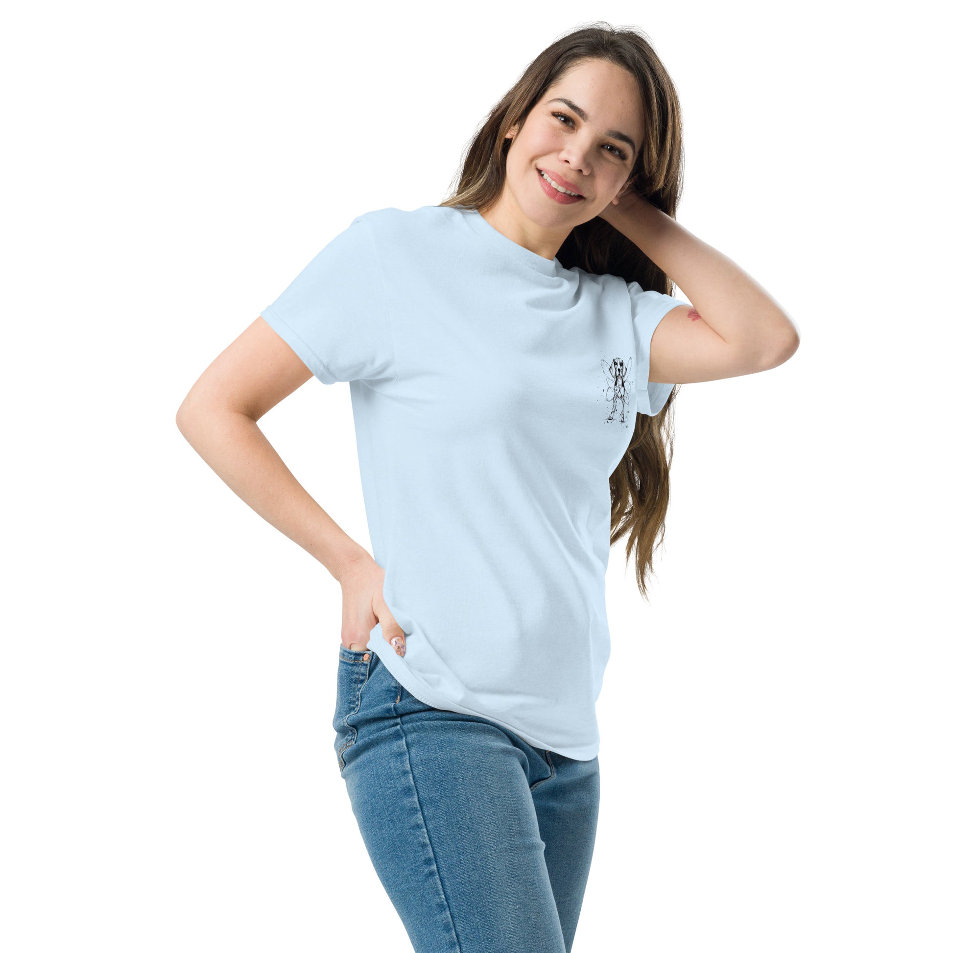 Light blue unisex T-shirt – black ink Beagle dog illustration, front and back view.