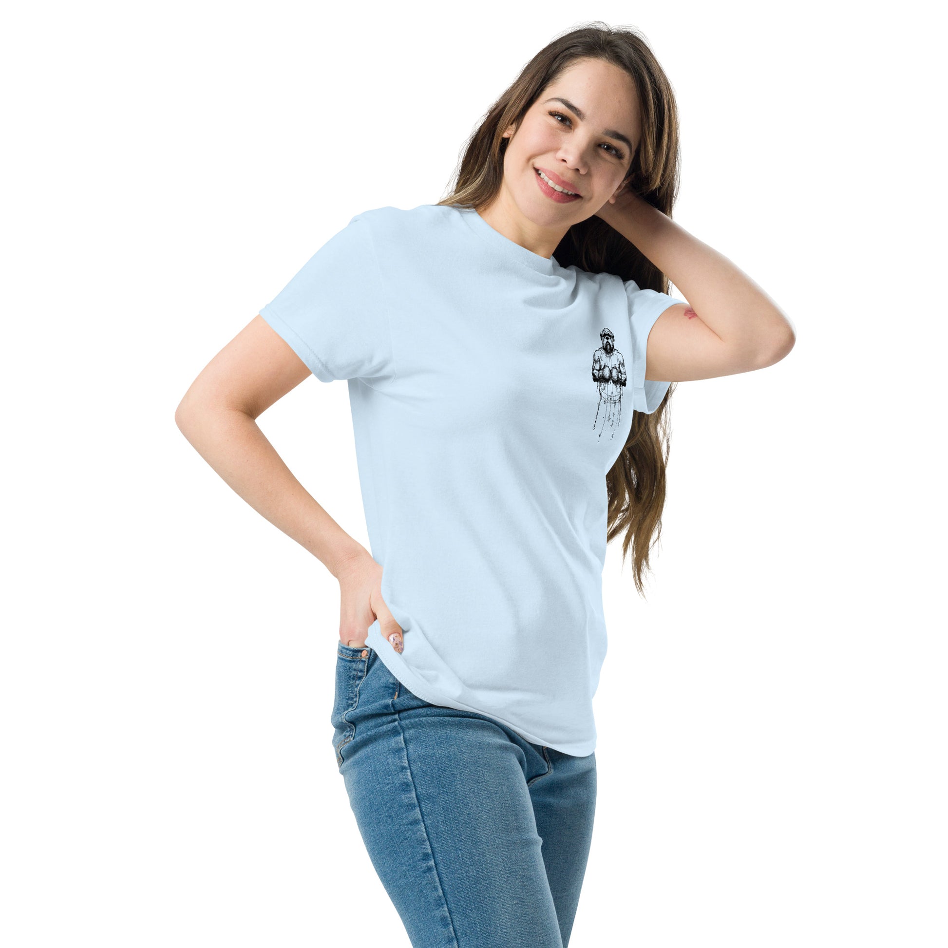 Soft light blue unisex tee with Pekilot’s Unleashed Lines Boxer. A modern color that pairs well with denim, bringing an artsy vibe to streetwear.