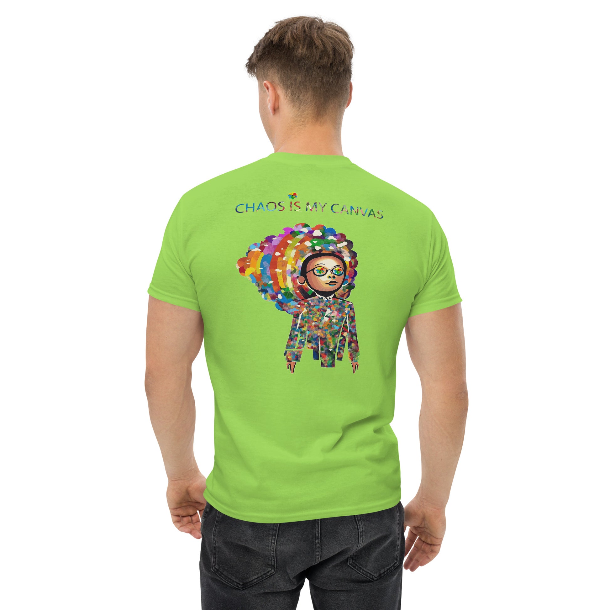 Green unisex T-shirt – colorful Japanese pop art portrait, back view on male model.