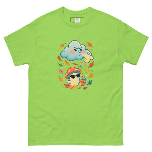 Green flat lay T-shirt – Bright green tee with cartoon mushroom and autumn leaves, MushLOL Collection.