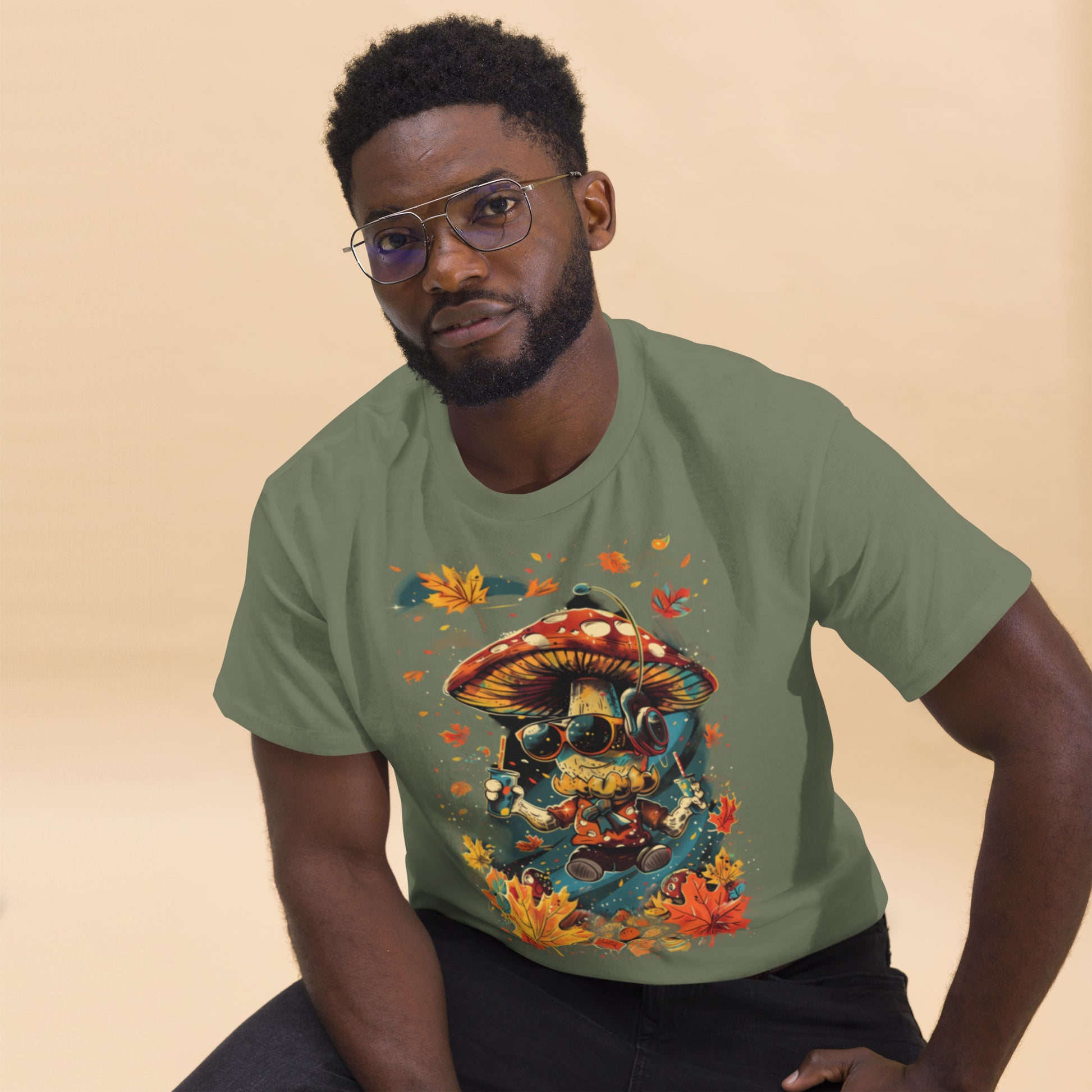 Model in green T-shirt – Male model wearing olive green autumn t-shirt with mushroom DJ print, MushLOL Collection.