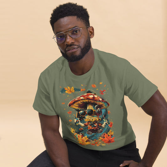 Model in green T-shirt – Male model wearing olive green autumn t-shirt with mushroom DJ print, MushLOL Collection.