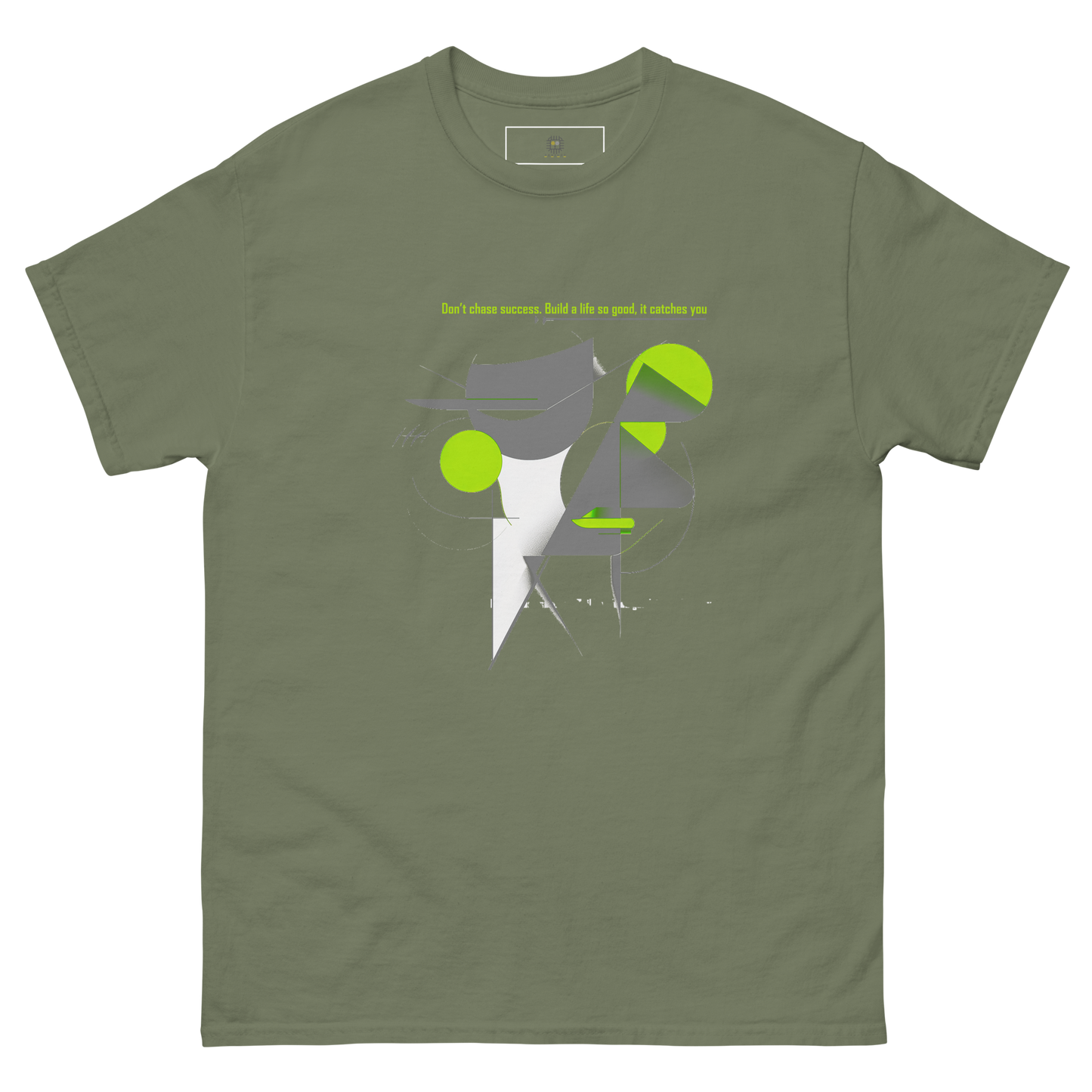 Olive green unisex T-shirt — flat lay, front print: abstract geometric figure with green circles, text “be yourself, everyone else is already taken.”