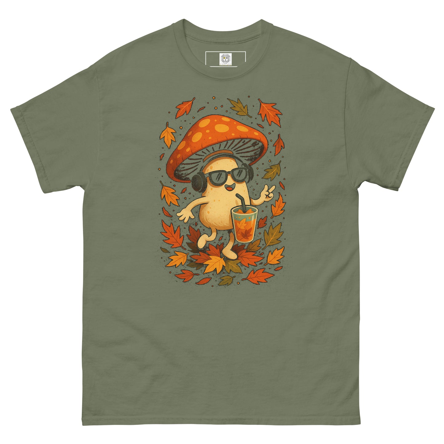 Olive T-shirt – front print with a cool mushroom wearing headphones and sunglasses surrounded by autumn leaves.