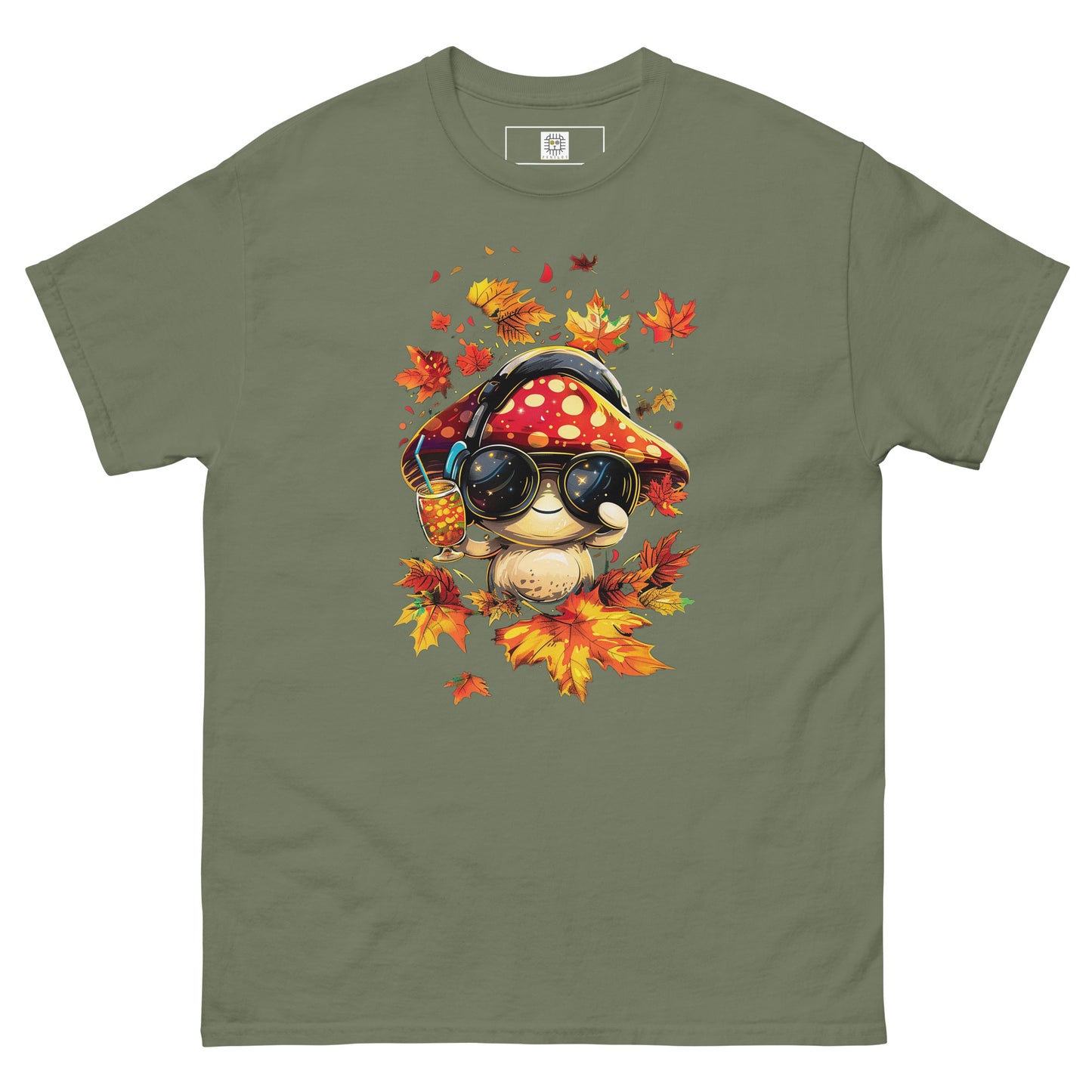 Olive green flat lay T-shirt – Olive green tee featuring cool mushroom graphic with autumn vibes, MushLOL Collection.