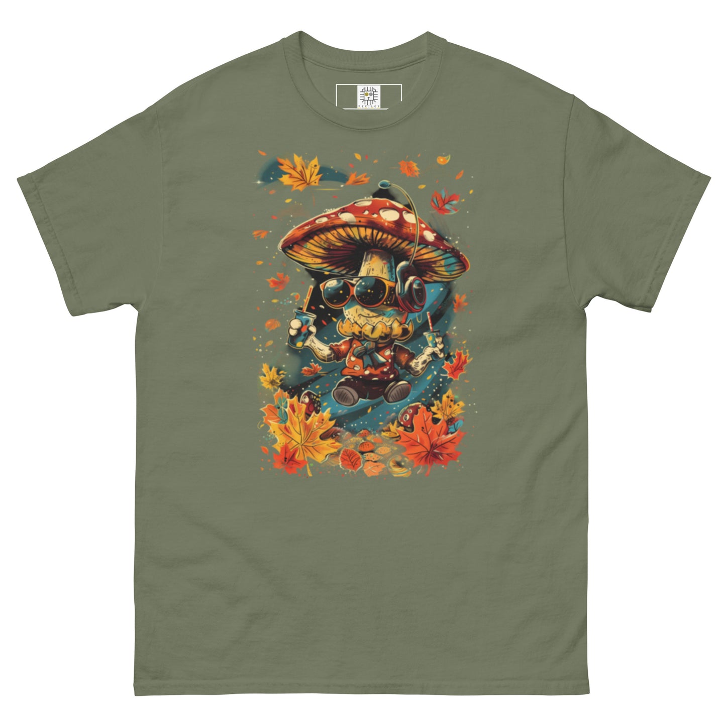 Olive green flat lay T-shirt – Olive green autumn tee with colorful mushroom DJ print, MushLOL Collection.