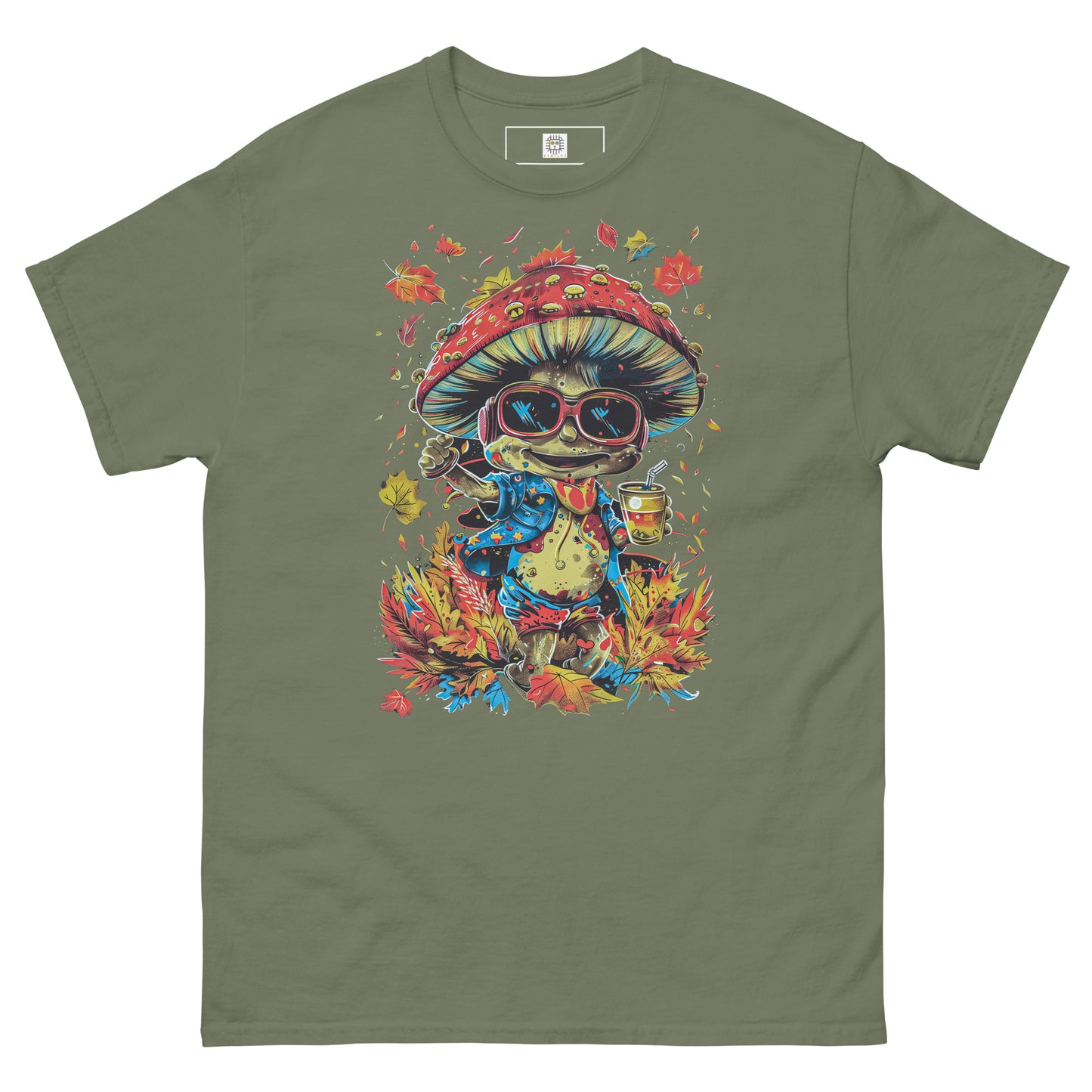 An army-green T-shirt with the mushroom character design displayed flat.
