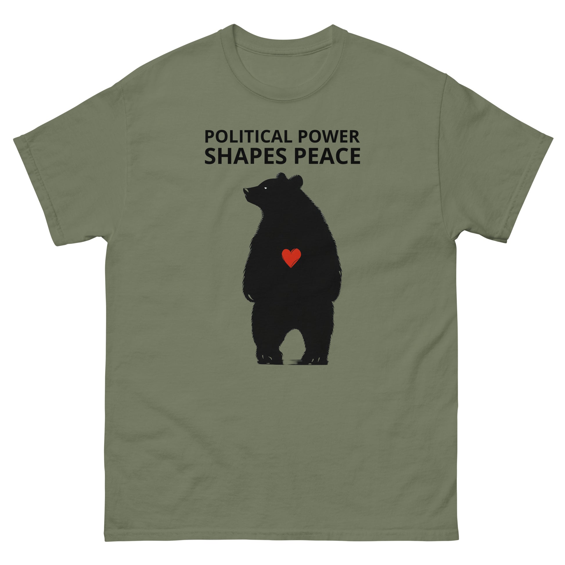 Olive green t-shirt featuring a minimalist political graphic with the statement “Political Power Shapes Peace.”
The composition centers on a solid black figure with a single red accent, creating a controlled visual contrast.
The front print delivers a clear conceptual message focused on authority, responsibility, and consequence.