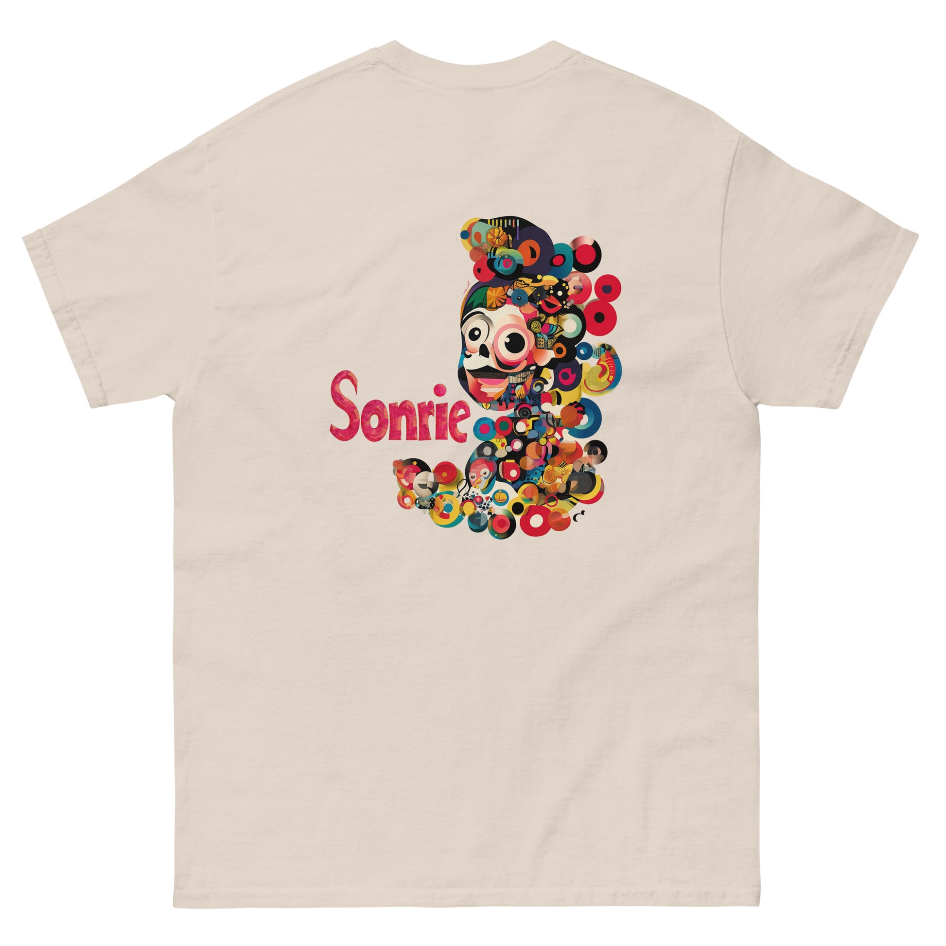 Beige unisex T-shirt with Sonrie text on the back