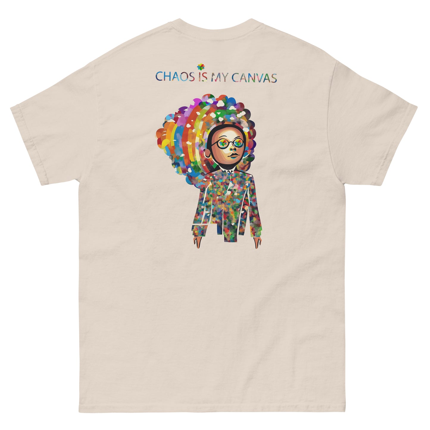 Beige unisex T-shirt – colorful Japanese pop art portrait, back view.