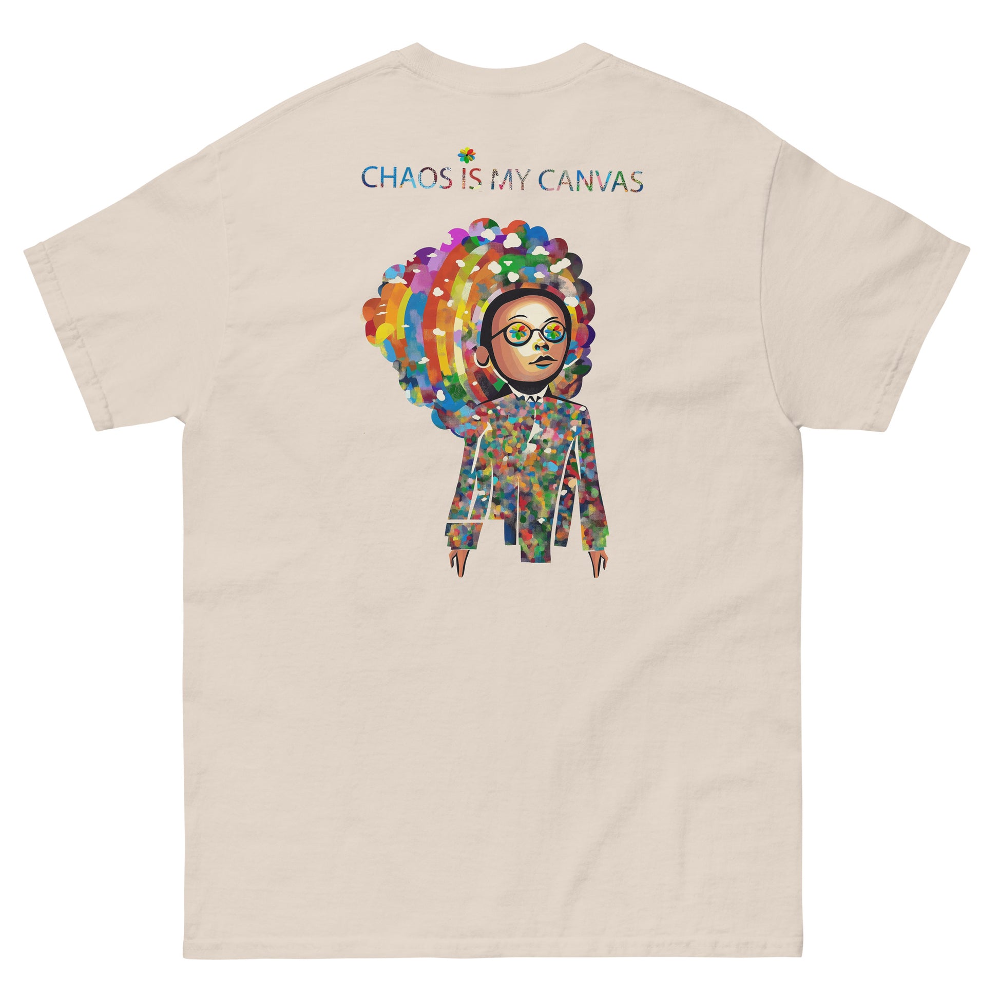 Beige unisex T-shirt – colorful Japanese pop art portrait, back view.
